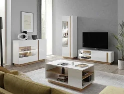 Vente-unique Buffetkast-Buffetkast Murari - 3 Deuren - Met Ledverlichting - Hoogglans Wit En Eiken