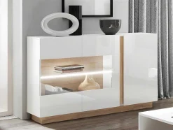 Vente-unique Buffetkast-Buffetkast Murari - 3 Deuren - Met Ledverlichting - Hoogglans Wit En Eiken