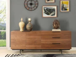 Vente-unique Buffetkast-Buffetkast Tayron - 2 Deuren En 3 Laden - Mdf En Metalen Poten - Kleur: Walnoot