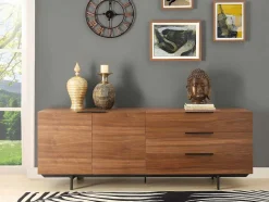 Vente-unique Buffetkast-Buffetkast Tayron - 2 Deuren En 3 Laden - Mdf En Metalen Poten - Kleur: Walnoot