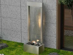 MYLIA Tuindecoratie-Buitenfontein Van Roestvrij Staal En Glas Met Ledverlichting - H108 Cm - Zilverkleurig - Panga