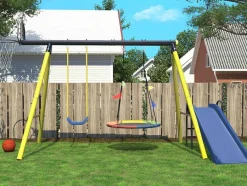ModernLuxe Spel Voor Buiten-Buitenspellen Metalen Frame - 2 In Hoogte Verstelbare Schommels, Basketbalring En Glijbaan - Geschikt Voor Kinderen Vanaf 3 Jaar - Geel