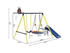 ModernLuxe Spel Voor Buiten-Buitenspellen Metalen Frame - 2 In Hoogte Verstelbare Schommels, Basketbalring En Glijbaan - Geschikt Voor Kinderen Vanaf 3 Jaar - Geel