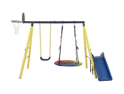 ModernLuxe Spel Voor Buiten-Buitenspellen Metalen Frame - 2 In Hoogte Verstelbare Schommels, Basketbalring En Glijbaan - Geschikt Voor Kinderen Vanaf 3 Jaar - Geel