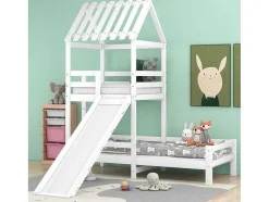 ModernLuxe Kinderbed-Cabine Stapelbed Met Glijbaan - 90X200Cm + 90X100Cm - Massief Grenen - Wit