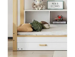 ModernLuxe Bed Met Slaaplade-Cabinebed 90X200Cm Met Uitschuifbaar Onderschuifbed 90X190Cm - 4 Planken Op Bed - Structuur Massief Grenen - Wit