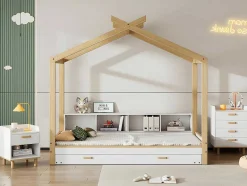 ModernLuxe Bed Met Slaaplade-Cabinebed 90X200Cm Met Uitschuifbaar Onderschuifbed 90X190Cm - 4 Planken Op Bed - Structuur Massief Grenen - Wit