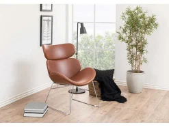 Vente-unique Fauteuil Kunstleer-Cazy Fauteuil Kunstleer Vintage Cognac Bruin - Chromen Onderstel.