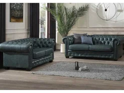LINEA SOFA Bankstel 3+2-Chesterfield Zitbank 3 + 2 Plaatsen Brenton 100% Buffelleer - Spaans Groen