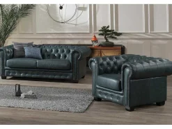 LINEA SOFA Set Zitbank + Fauteuil-Chesterfield Zitbank 3 + 1 Plaatsen Brenton 100% Buffelleer - Spaans Groen