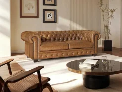 LINEA SOFA Chesterfield Zitbank-Chesterfield 3-Zitsbank Brenton 100% Buffelleer - Vintage Caramel