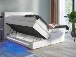 DREAMEA Aanbiedingen: Slaapkamer & Kantoor-Complete Boxspring Met Hoofdeinde Met Leds, Bedbodem Met Opbergruimte, Matras En Dekmatras - Wit - Kunstleer - 160 X 200 Cm - Keros Van