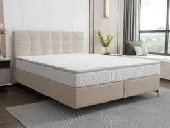 Ysmée Boxspringbed-Complete Set Met Boxspring En Gecapitonneerd Hoofdbord + Bedbodem + Matras + Topmatras - 160 X 200 Cm - Stof - Beige - Inao Van Ysmee