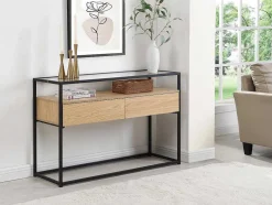 Vente-unique Sidetable-Consoletafel Met 2 Lades Van Mdf, Gehard Glas En Metaal - Licht Naturel - Camata