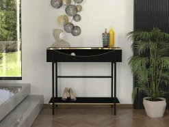 Vente-unique Sidetable-Consoletafel Met 1 Plank En 1 Nis - Zwart En Goudkleurig - Meriova