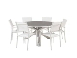 Vente-unique Tuinset-Copacabana Tuinmeubelset Tafel O140Cm En 6 Stoel Santorini Wit, Grijs, Cremekleur.