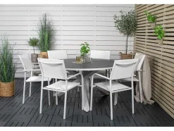 Vente-unique Tuinset-Copacabana Tuinmeubelset Tafel O140Cm En 6 Stoel Santorini Wit, Grijs, Cremekleur.