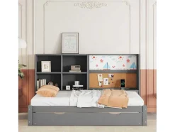 ModernLuxe Bed Met Slaaplade-Dagbed Met Onderschuifbed - 90X200Cm - Met Tekentafel En Opbergvakken - Grijs