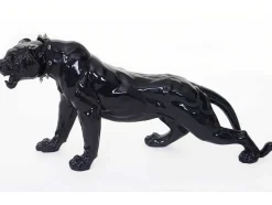 Vente-unique Standbeeld-Decoratief Beeldje Panter Met Halsband, Zwart Hoogglans Met Kraag