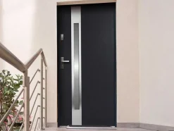 Vente-unique Voordeur-Deur Van Geglazuurd Staal En Inox H.207 X B.100 Cm Antraciet - Links Duwen - Braga