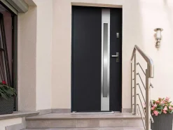Vente-unique Voordeur-Deur Van Geglazuurd Staal En Inox H.207 X B.100 Cm Antraciet - Rechts Duwen - Braga