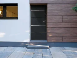 Vente-unique Voordeur-Deur Van Massief Staal En Inox H.207 X B.100 Cm Antraciet - Rechts Duwen - Naxara