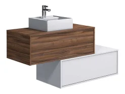 Vente-unique Badkamermeubel Met Enkele Wastafel-Donker Naturel En Wit Hangend Badkamermeubel Met Enkele Wastafel En Twee Lades - 94 Cm - Teana Ii