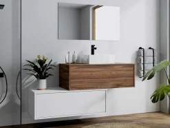 Vente-unique Badkamermeubel Met Enkele Wastafel-Donker Naturel En Wit Hangend Badkamermeubel Met Enkele Wastafel En Twee Lades - 94 Cm - Teana Ii