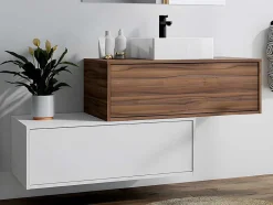 Vente-unique Badkamermeubel Met Enkele Wastafel-Donker Naturel En Wit Hangend Badkamermeubel Met Enkele Wastafel En Twee Lades - 94 Cm - Teana Ii