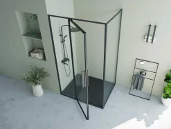 Shower & Design Douchewand-Douchewand Met Draaideur, Mat Zwart, Industriele Stijl - 120 X 80 X 195 Cm - Toroni