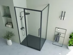 Shower & Design Douchewand-Douchewand Met Draaideur, Mat Zwart, Industriele Stijl - 120 X 80 X 195 Cm - Toroni