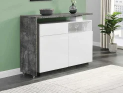 Vente-unique Barmeubel-Draaibaar Barmeubel Eldir - 2 Deuren, 1 Lade En 1 Nis - Mdf - Witgelakt & Betonkleur