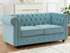 Vente-unique Bankstel 3+2-Drie- En Tweezitsbank Van Pastelblauw Velours Chesterfield
