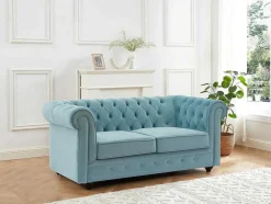 Vente-unique Bankstel 3+2-Drie- En Tweezitsbank Van Pastelblauw Velours Chesterfield