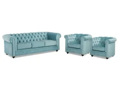 Vente-unique Set Zitbank + Fauteuil-Driezitsbank En 2 Fauteuils Chesterfield - Fluweel - Pastel Blauw