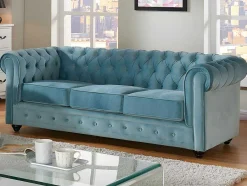 Vente-unique Set Zitbank + Fauteuil-Driezitsbank En 2 Fauteuils Chesterfield - Fluweel - Pastel Blauw