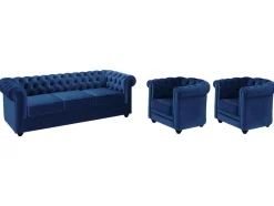 Vente-unique Set Zitbank + Fauteuil-Driezitsbank En 2 Fauteuils Chesterfield - Fluweel - Konings Blauw