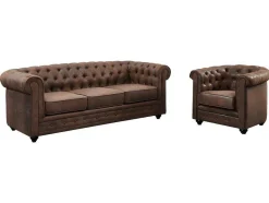 Vente-unique Set Zitbank + Fauteuil-Driezitsbank En Fauteuil Chesterfield Van Microvezel Met Vintage Look