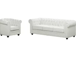 Vente-unique Set Zitbank + Fauteuil-Driezitsbank En Fauteuil Chesterfield Van Kunstleer - Wit