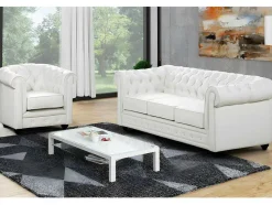 Vente-unique Set Zitbank + Fauteuil-Driezitsbank En Fauteuil Chesterfield Van Kunstleer - Wit