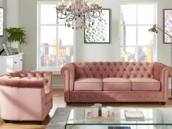 Vente-unique Set Zitbank + Fauteuil-Driezitsbank En Fauteuil Chesterfield - Fluweel - Pastel Roze