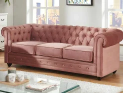 Vente-unique Set Zitbank + Fauteuil-Driezitsbank En Fauteuil Chesterfield - Fluweel - Pastel Roze