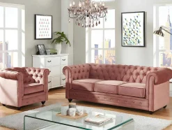 Vente-unique Set Zitbank + Fauteuil-Driezitsbank En Fauteuil Chesterfield - Fluweel - Pastel Roze