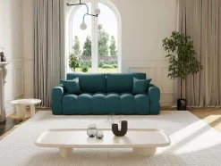 Vente-unique Designer Zitbank-Driezitsslaapbank Van Blauwgroene Bouclestof Issoro