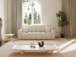 Vente-unique Designer Zitbank-Driezitsslaapbank Van Cremekleurige Bouclestof Issoro