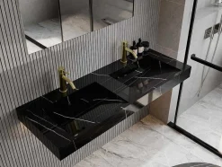 Shower & Design Wastafel-Dubbele Hangwasbak In Solid Surface Met De Look Van Zwart Marmer - L120,2 X B45,2 X H8 Cm - Takotna