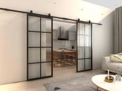 Vente-unique Schuifdeur-Dubbele Schuifdeur H205 X B83 Cm - Aluminium En Mat Gehard Glas - Wilden