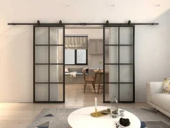 Vente-unique Schuifdeur-Dubbele Schuifdeur H205 X B83 Cm - Aluminium En Mat Gehard Glas - Wilden