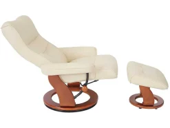 Vente-unique Fauteuil Leer-Edmonton Fauteuil Met Kruk, Creme, Honingkleurig