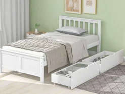 ModernLuxe Tweepersoonsbed-Eenpersoonsbed 90X200Cm In Massief Hout Met 2 Laden - Wit